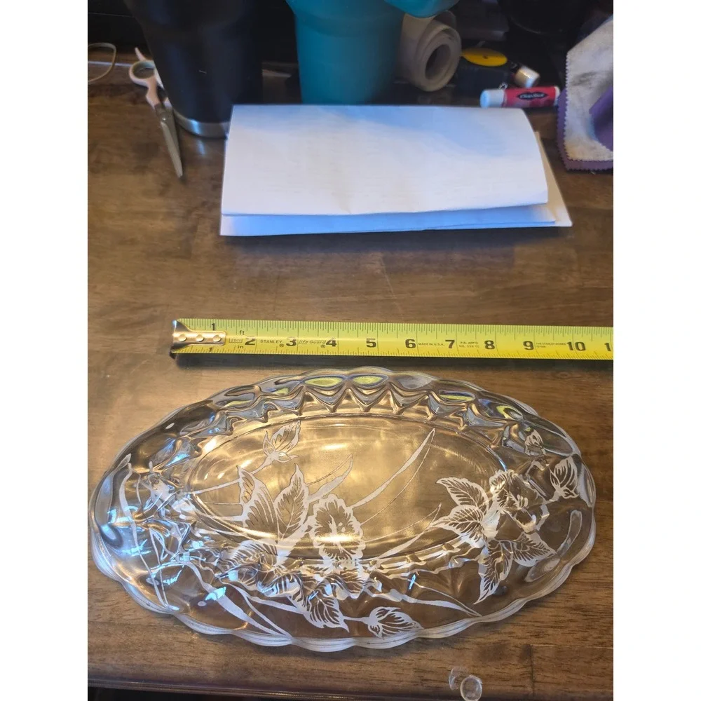 Vintage Silver Overlay Glass Oval Bowl Scalloped Floral Butterfly Serving Dish